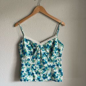 Ann Taylor Floral Lace Trim Cami in White with Blue/Green Floral